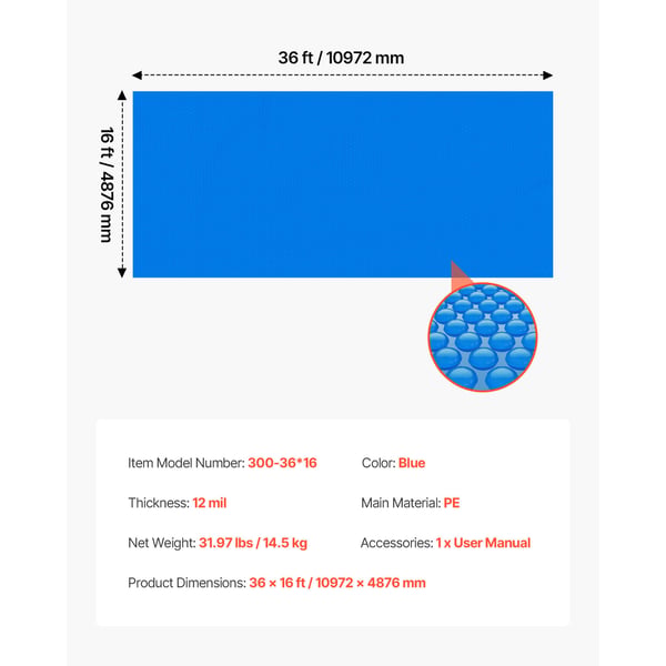 Pool Cover, Solarboble-tæppe, 1097x488 cm, Blå, PE-materiale