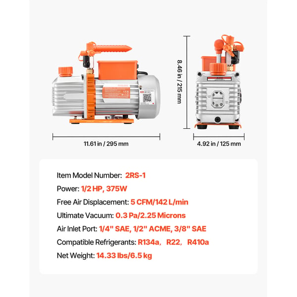 Vakuumpump, Tvåstegs roterande lamell, 5 CFM 142 L/min, HVAC-underhåll
