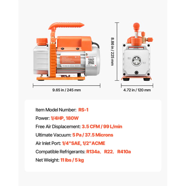 Vakuumpump, Enkelstegs roterande lamell, 3,5 CFM 99 L/min, HVAC