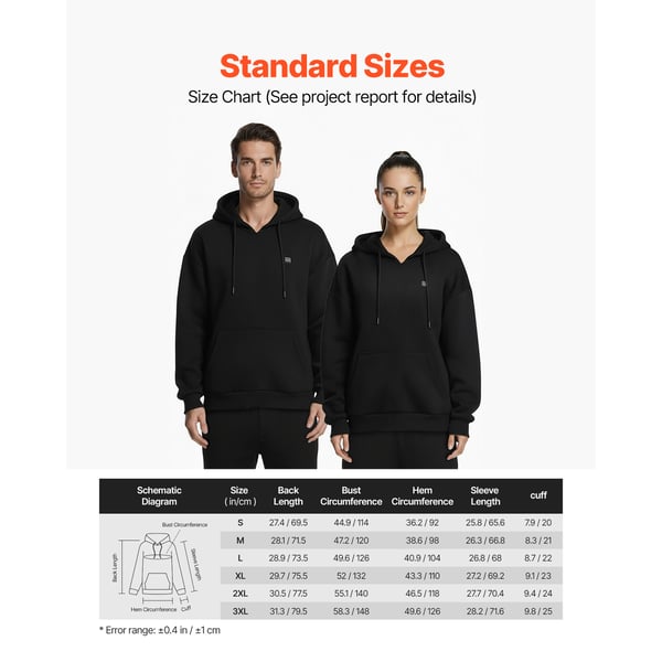 Opvarmet sweatshirt hoodie, 5 varmezoner, sort, bomuld polyester