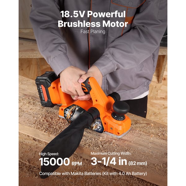 Elektrisk handhyvel, 315x175x175 mm, 82 mm skärbredd, sladdlöst träbearbetningsverktyg
