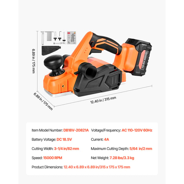 Elektrisk handhyvel, 315x175x175 mm, 82 mm skärbredd, sladdlöst träbearbetningsverktyg