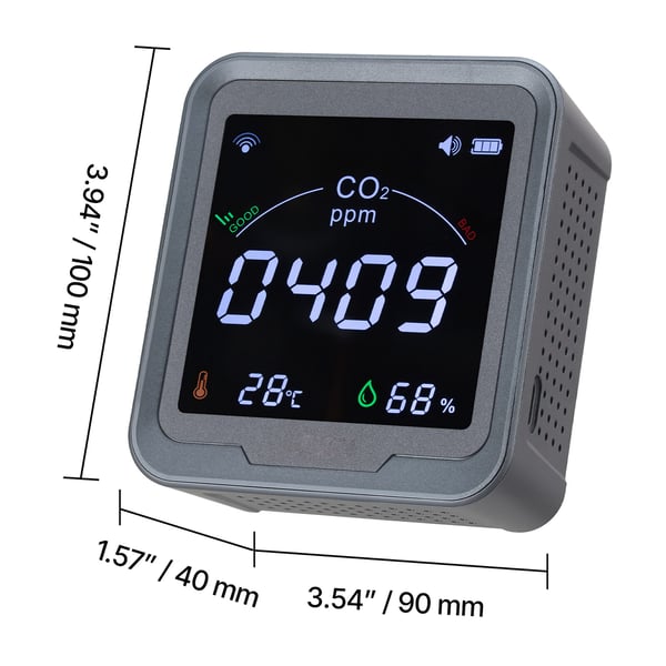 Kuldioxidmåler, 90x40x100 mm, Temperatur- og fugtighedsdisplay