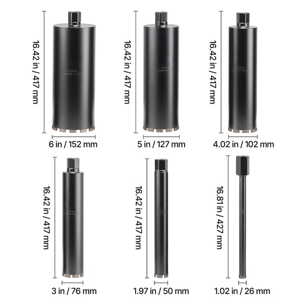 Kärnborrsats, 6 delar, 25.4x356 mm till 152.4x356 mm, våtdiamant, betong