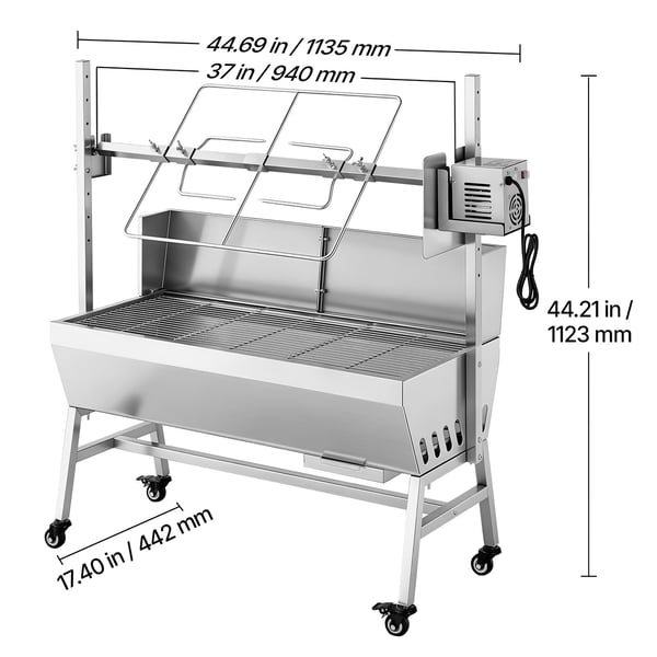 Rotisserigrill, 113,5x44,2x112,3 cm, rustfrit stål, udendørs madlavning