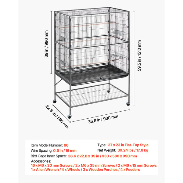 Fuglebur, 93x58x151 cm, Sort, Smedejern, Fladt Top