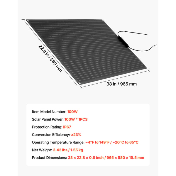 Solpanel, 100W semi-fleksibel monokrystallinsk, 96.5x58x1.95 cm, vandtæt