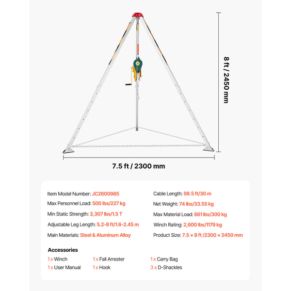 Räddningstativ Kit, 145x160x245 cm, Justerbara ben, Stål-Aluminium
