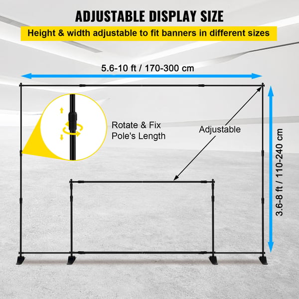 Baggrundsbannerstativ, 243,8x243,8–304,8x243,8 cm, Sort, Justerbar Aluminium