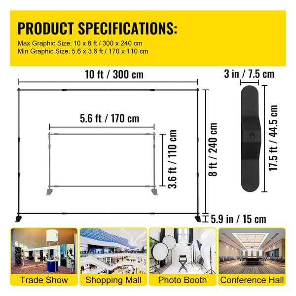 Baggrundsbannerstativ, 243,8x243,8–304,8x243,8 cm, Sort, Justerbar Aluminium