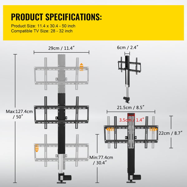 Motoriseret TV-lift, 29x77,4-127,4 cm, højdejusterbar, sort, aluminiumlegering