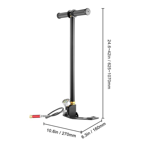 Håndpumpe, 3-trins højtryks PCP, 27x16x62,5-107 cm, Sort, Rustfrit stål