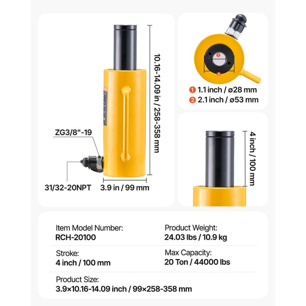 Hydraulisk cylinder donkraft 100 mm, Metal