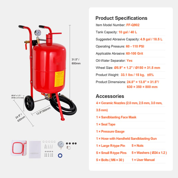 Sandblaster, 63x35x80 cm, Bærbar, Kraftig konstruktion