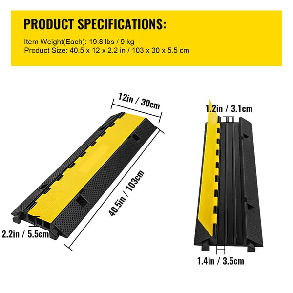 Kabelbeskytter rampe, 3 kanaler, 103x30x5,5 cm, sort gul, gummi