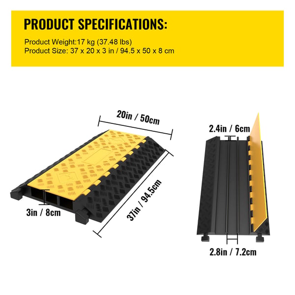 Kabelbeskytter rampe, 3 kanaler, 94,5x50x8 cm, sort gul, gummi