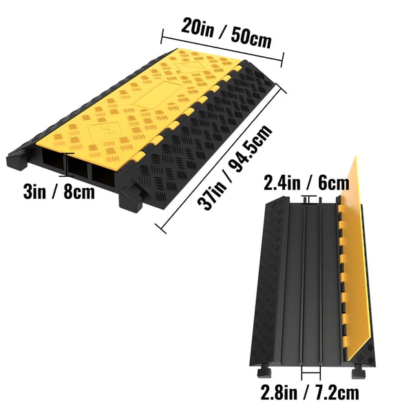 Kabelbeskytter rampe, 3 kanaler, 94,5x50x8 cm, sort gul, gummi