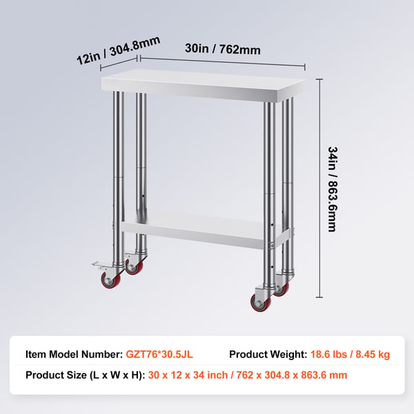 Serveringsarbetsbord, 76,2x30,5x86,4 cm, rostfritt stål, justerbar hylla