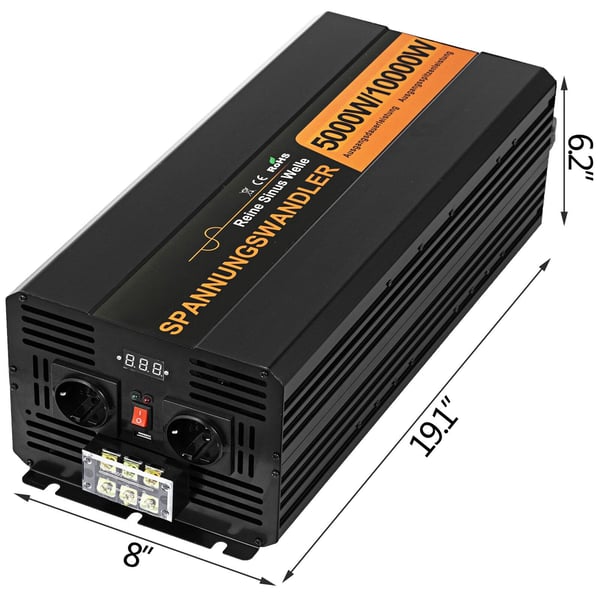Invertteri, puhdas siniaalto, 5000W, 24V DC – 230V AC, alumiini