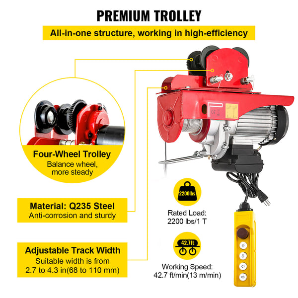 Elektrisk vajerlyft med travers, 50x18x41 cm, fjärrkontroll, metall