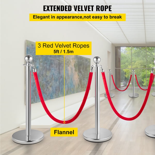 Afspærringsstolpe sæt, 4 stk. udtrækkelig rund top, 96x32 cm, sølv, velourreb