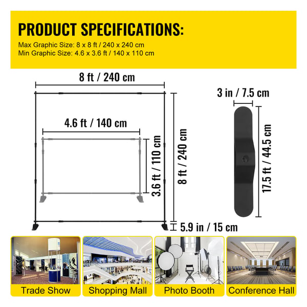 Baggrundsbannerstativ, 243,8x243,8 cm, Sort, Justerbar aluminiumsramme