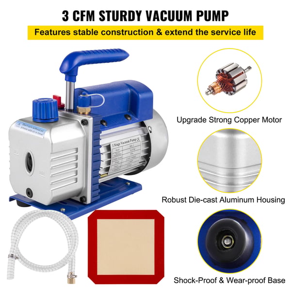 Vakuumpump och kammarsats, 3 CFM 1/4HP, 3 gallon, HVAC kylsystem, aluminium