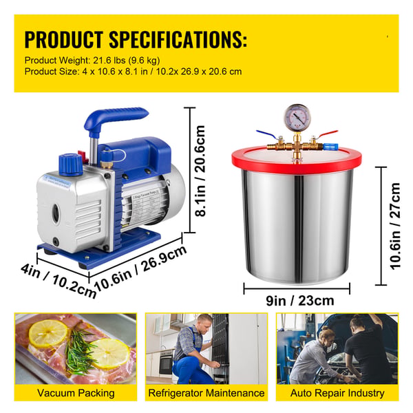Vakuumpump och kammarsats, 3 CFM 1/4HP, 3 gallon, HVAC kylsystem, aluminium