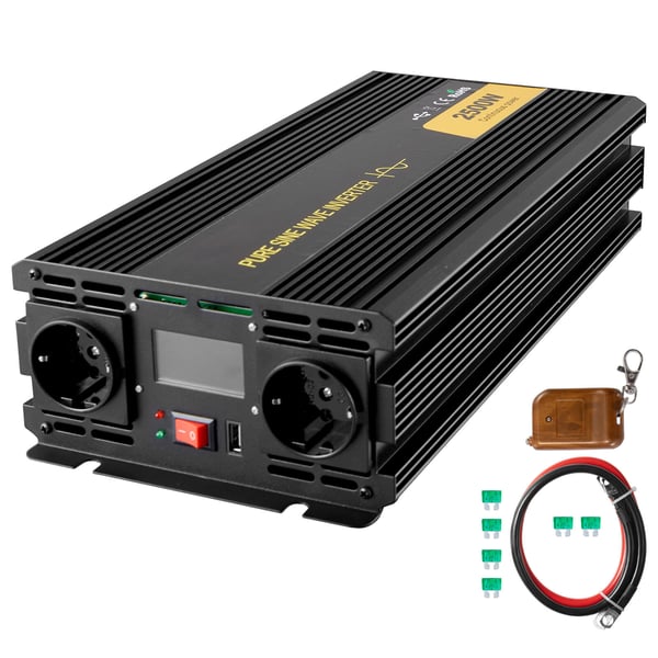 Invertteri, Puhdas siniaalto 2500W DC 12V - AC 230V, LCD-näyttö, kaukosäädin, alumiini Invertteri, Puhdas siniaalto 2500W DC 12V - AC 230V, LCD-näyttö, kaukosäädin, alumiini