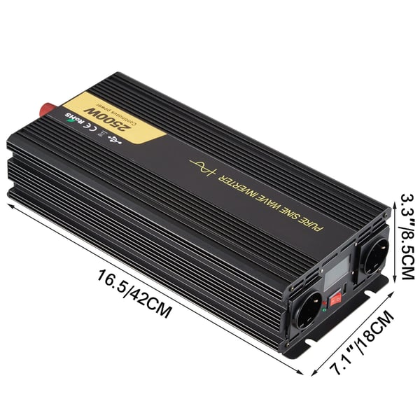 Invertteri, Puhdas siniaalto 2500W DC 12V - AC 230V, LCD-näyttö, kaukosäädin, alumiini
