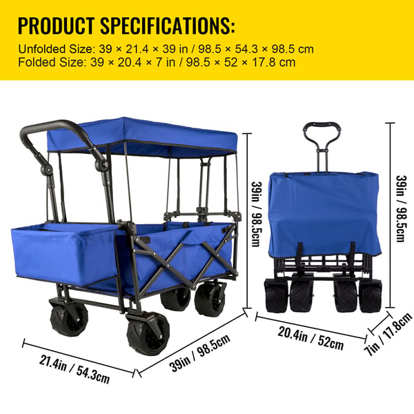 Sammenklappelig vogn 98.5x54.3x98.5 cm blå, foldbar, stålramme