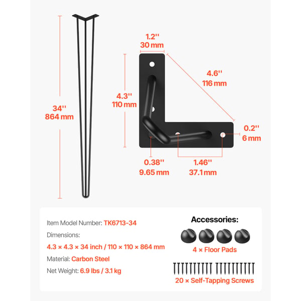 Pöydän jalat, 86,4 cm, musta, hiiliteräs, raskas käyttö