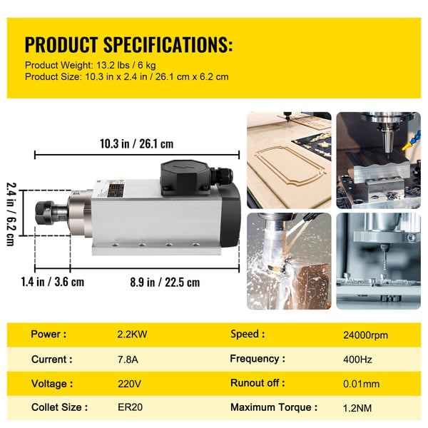 Karanmoottori, 2.2KW ilmalla jäähdytettävä CNC-karamoottori, 6.2x26.1 cm, metalli