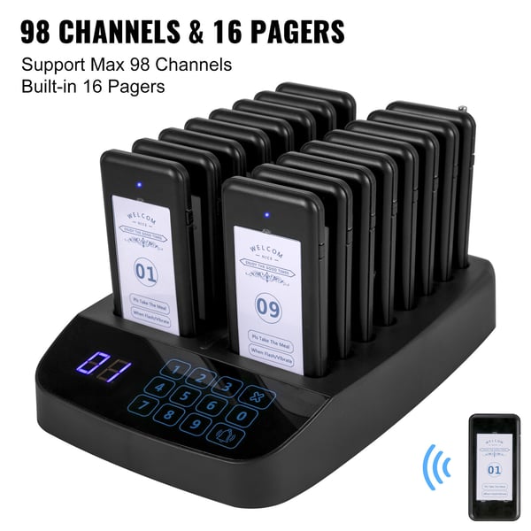 Trådløst personsøgersystem, 16 coaster personsøgere, 23,5x15,8x3,6 cm, touchskærm