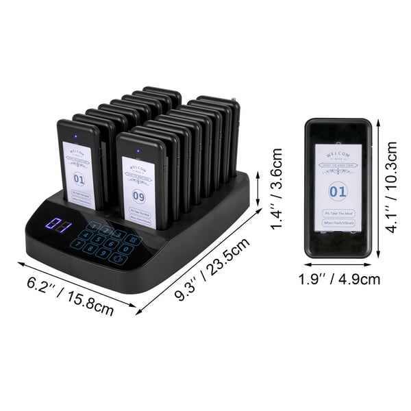 Trådløst personsøgersystem, 16 coaster personsøgere, 23,5x15,8x3,6 cm, touchskærm