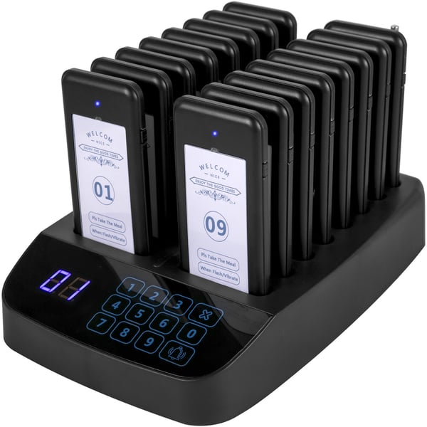 Trådløst personsøgersystem, 16 coaster personsøgere, 23,5x15,8x3,6 cm, touchskærm