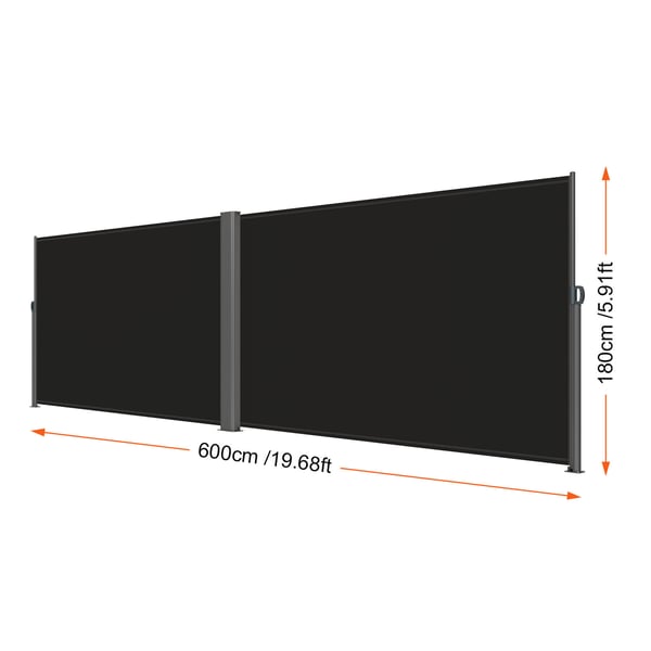 Utdragbar sidomarkis, 180x600 cm, svart, aluminium, utomhus insynsskydd