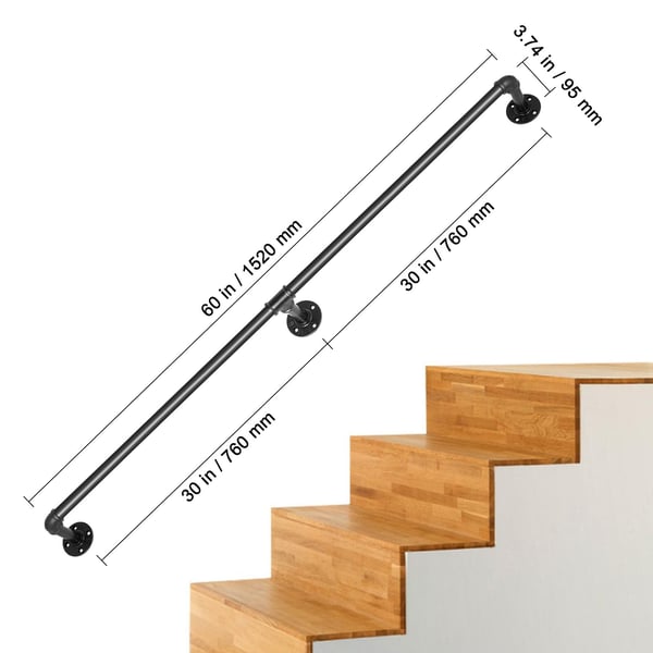 Trappegelænder, 152,4 cm, Sort, Kulstofstål