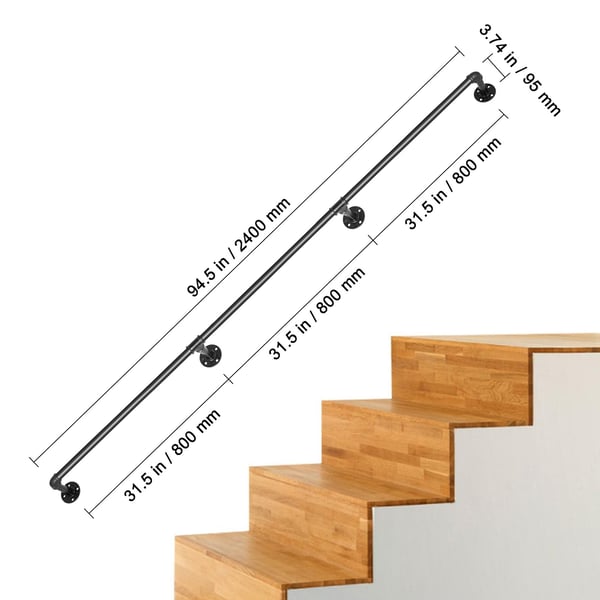 Trappegelænder, 243,8 cm, Sort, Kulstofstål