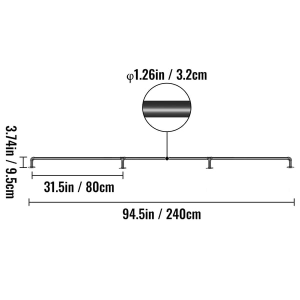 Trappegelænder, 243,8 cm, Sort, Kulstofstål