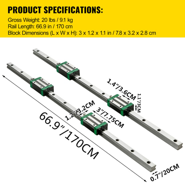 Linearskinne-sæt, 3 dele, 2-167,6 cm, linearkuglelejer, stål