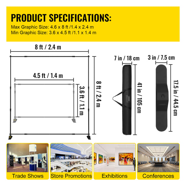Baggrundsbannerstativ, 244x240 cm, Sort, Justerbar aluminiumsramme