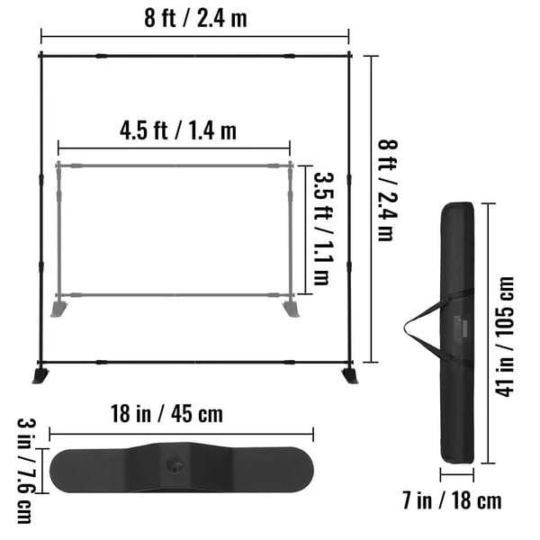 Baggrundsbannerstativ, 244x240 cm, Sort, Justerbar aluminiumsramme