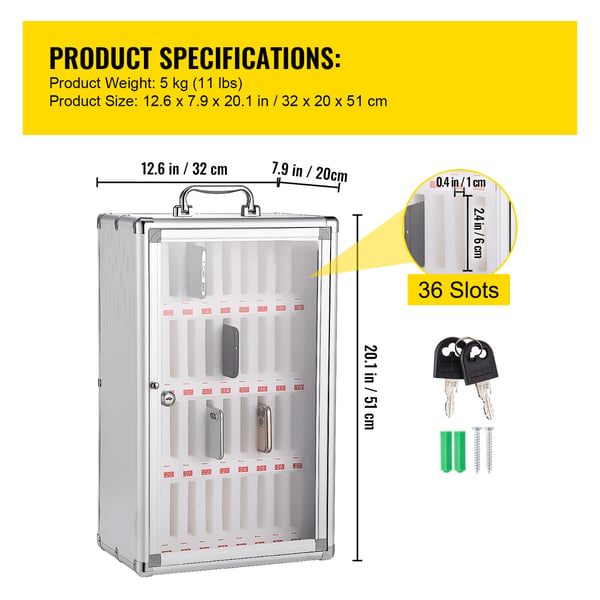 Mobiltelefonförvaringsskåp, 36 fack, 32x20x51 cm, silver, aluminiumlegering