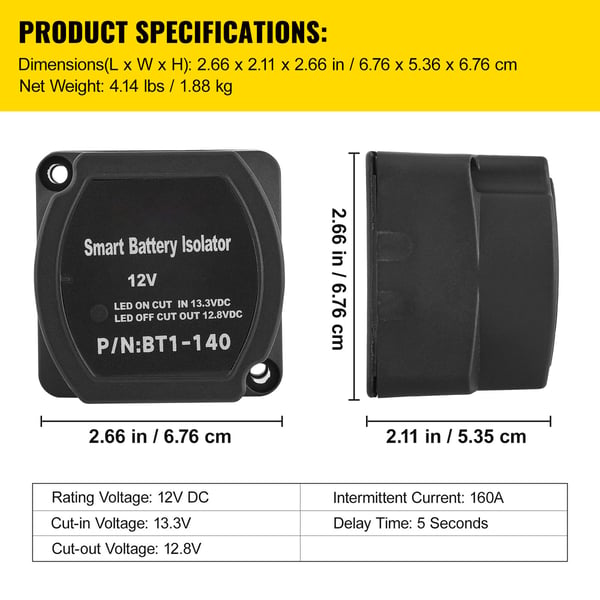 Split Charge Reläkit, Automatisk Dubbla Batteriavskiljare, 6.8x5.4x6.8 cm, 12V, Plast