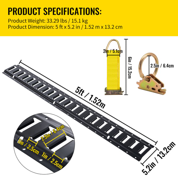 Surringsskinnesæt, 30-delt E-Track sæt 152,4 cm, Sort, Stål