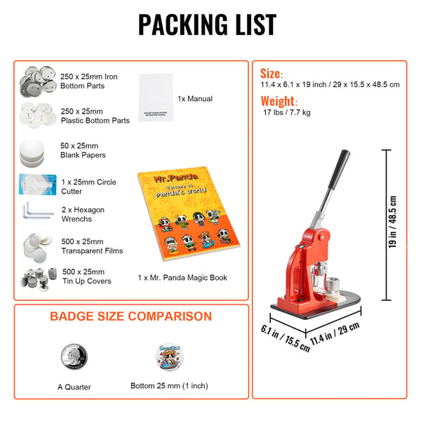 Knappefremstillingsmaskine, 29x15.5x48.5 cm, Badge Punch Press Kit, Jern