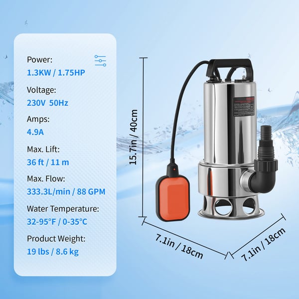 Nedsænkelig vandpumpe, 1300W, 20000L/H, 10 m ledning, rustfrit stål