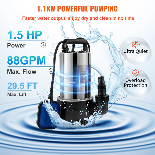 Uppovesipumppu, 1100W 20000L/H, 10 m johto, ruostumaton teräs