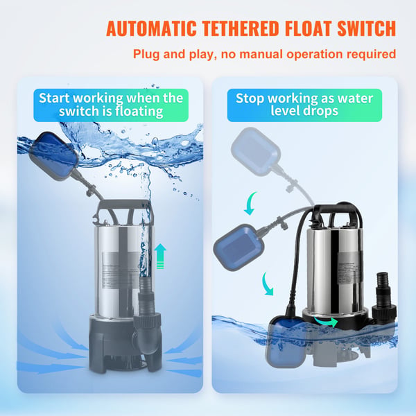 Uppovesipumppu, 1100W 20000L/H, 10 m johto, ruostumaton teräs